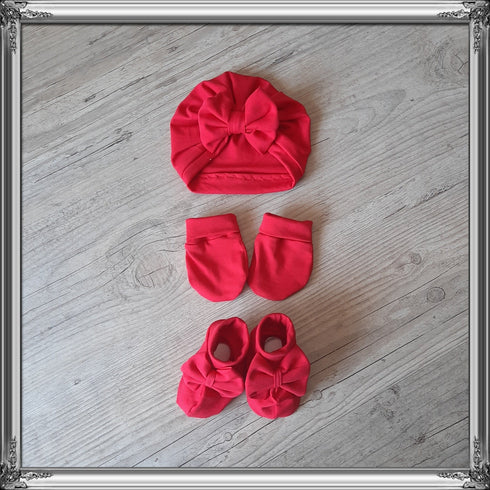 Ensemble Turban noeud + moufles + bandeau + chaussons assortis. tissu jersey de coton